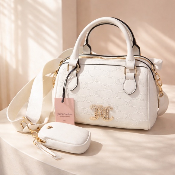 Juicy Couture Handbags - JUICY COUTURE Monogram/Gold White Satchel Bag With Bonus Mini Bag NWT